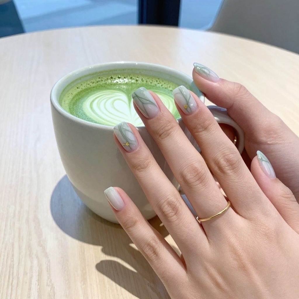Iced Matcha Marble July nail idea