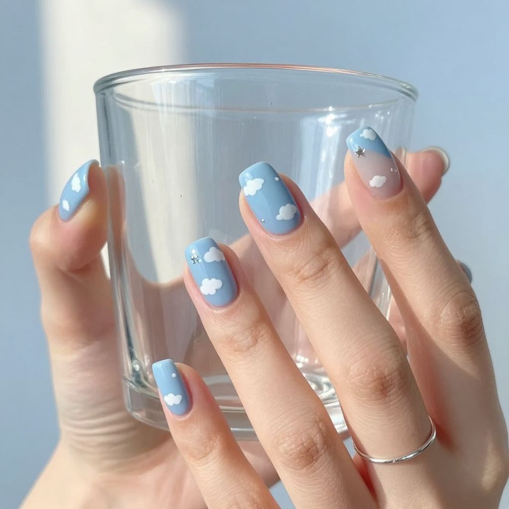Soft white cloud nail art