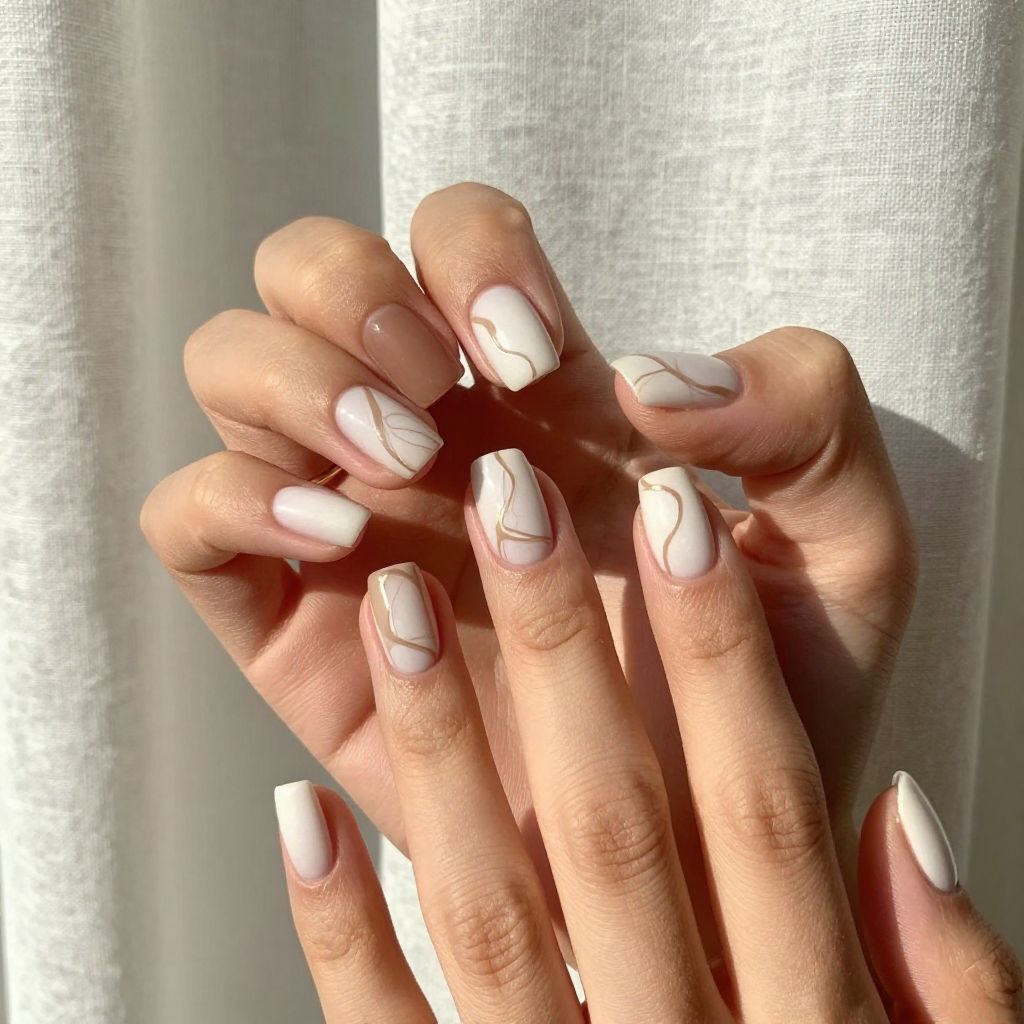 White Linen Nails With Beige Swirls