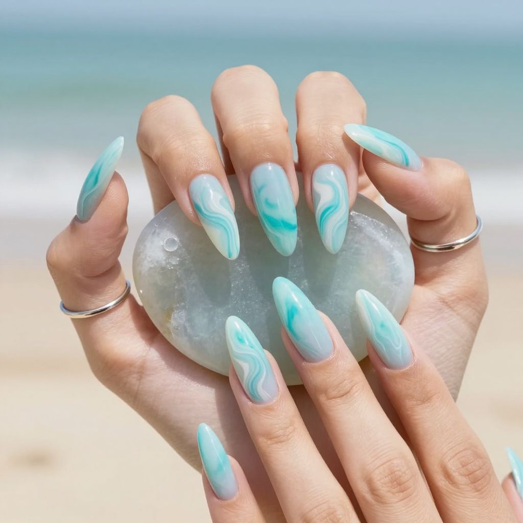 Aqua Tie Dye Swirls Light Blue Nails