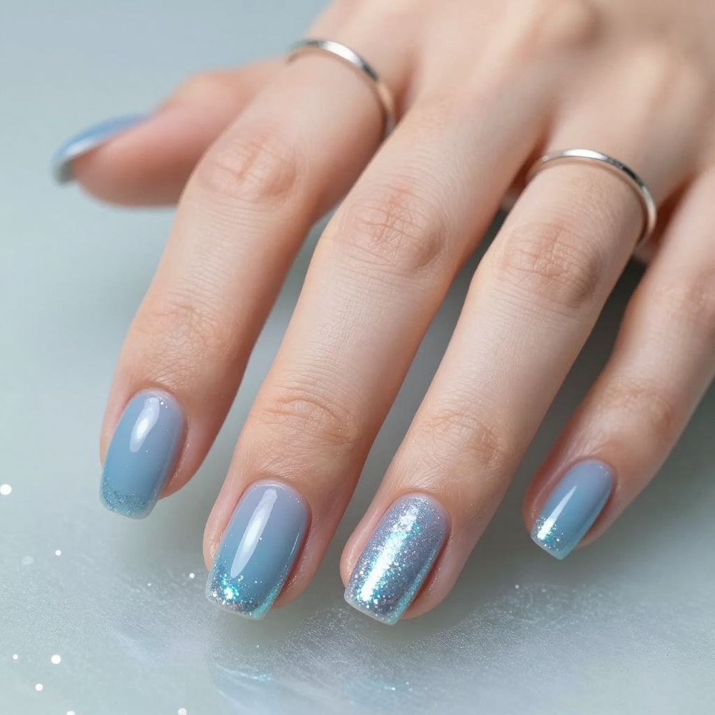Glitter Fade Cuticle Glow Light Blue Nails