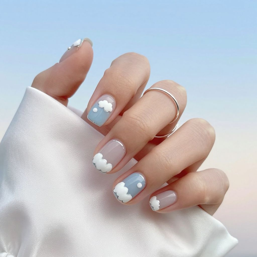 Tiny Cloud Sketch Tips Light Blue Nails