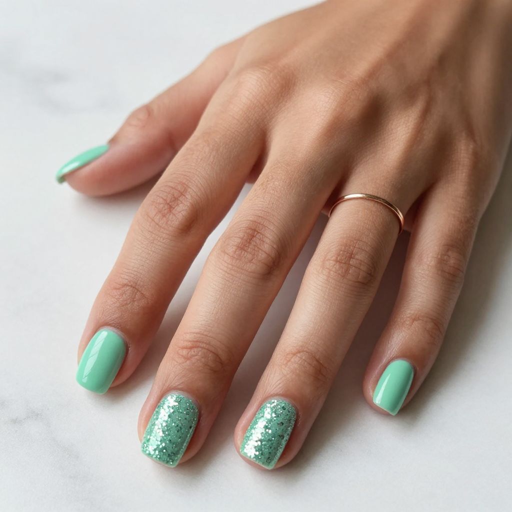 Mint Green Glitter Accent Nails