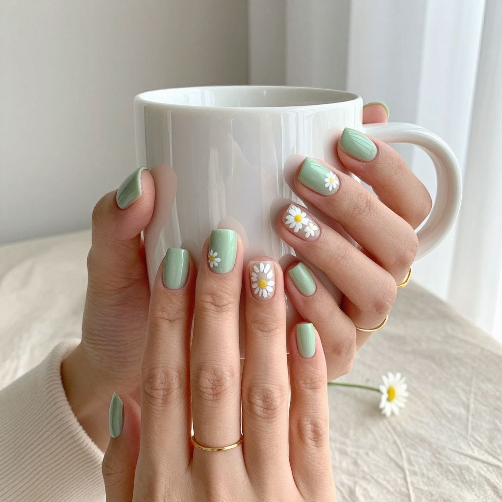 Pastel Green Daisy Nails