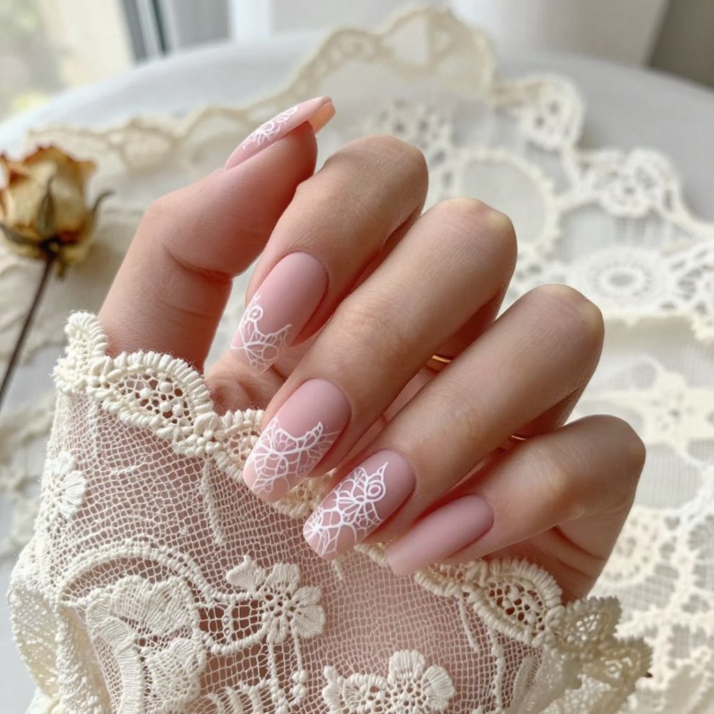 Lace Stamp Chic light pink nails