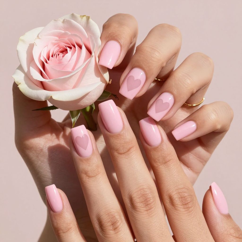 Negative Space Heart Peek light pink nails
