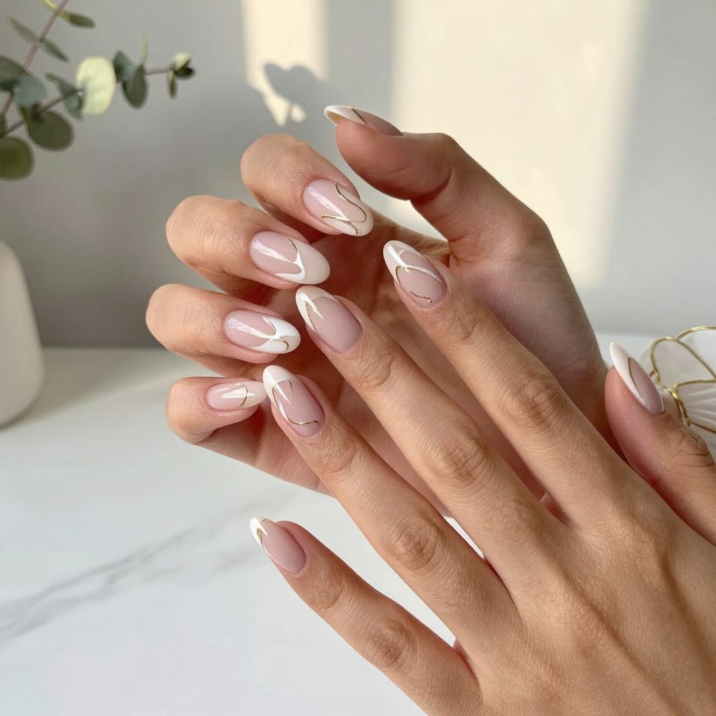 Nude and White Swirl Nails
