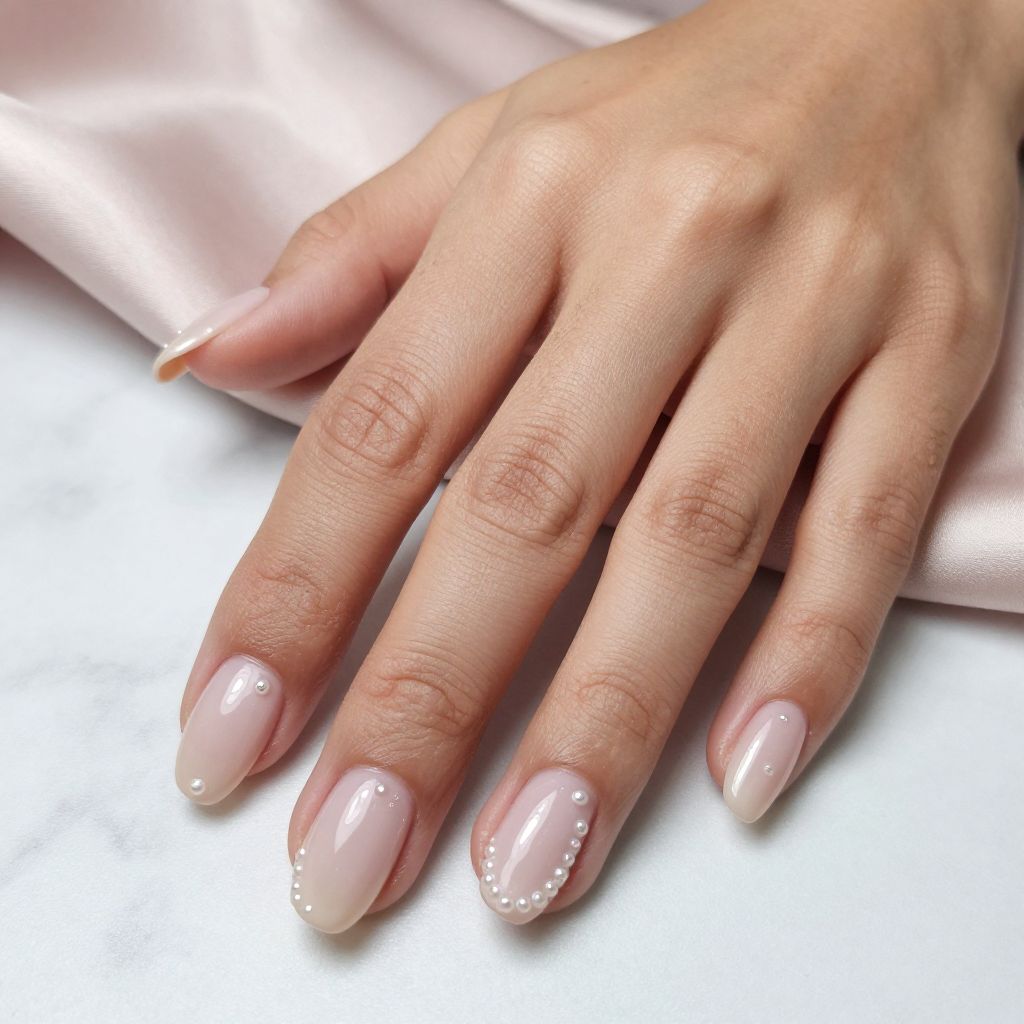 Nude Coffin Nails with Tiny Pearls