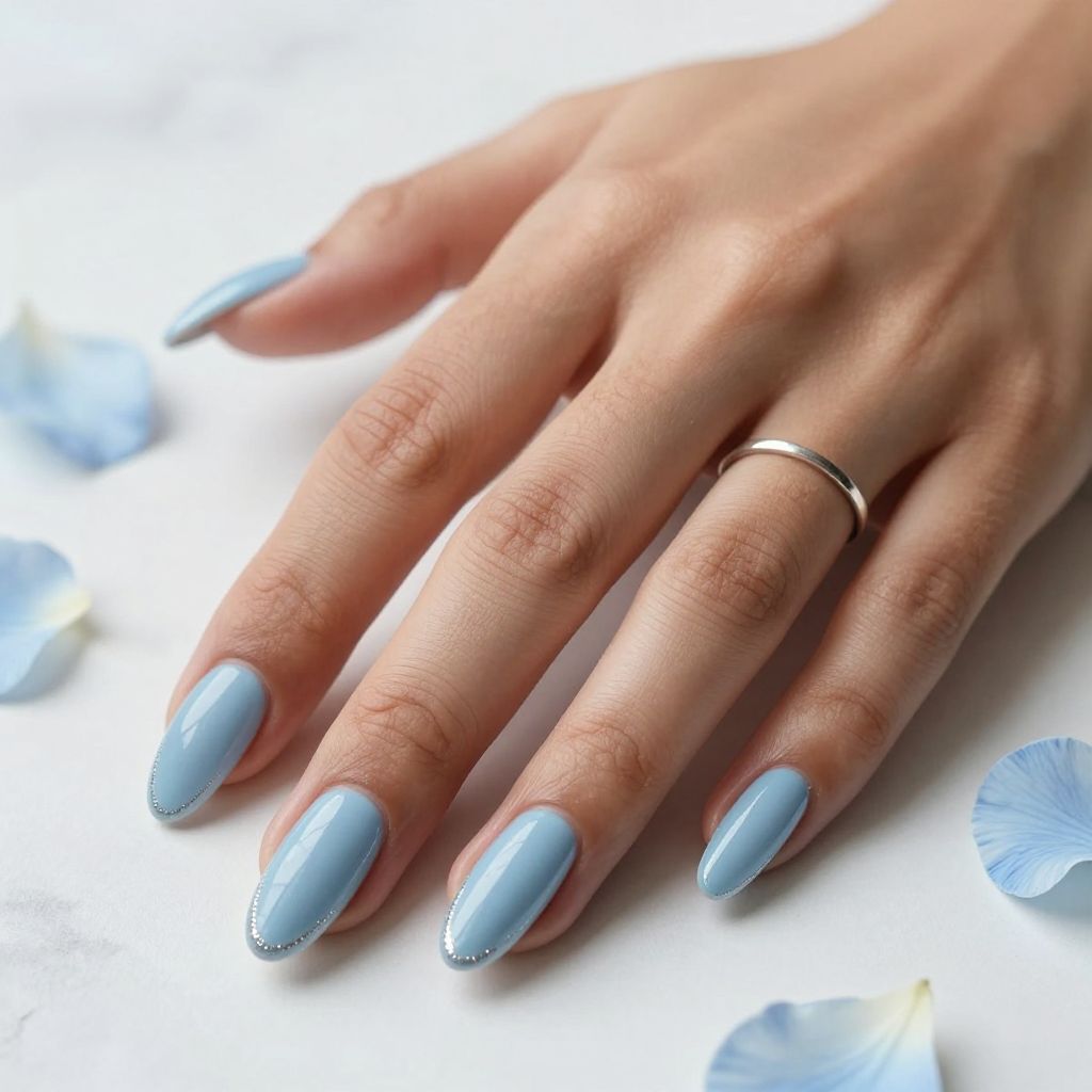 Baby Blue Coffin Nails with Silver Detail
