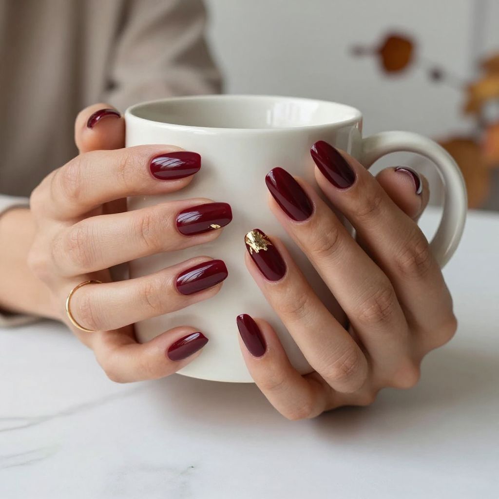 Burgundy Coffin Nails with Gold Accent