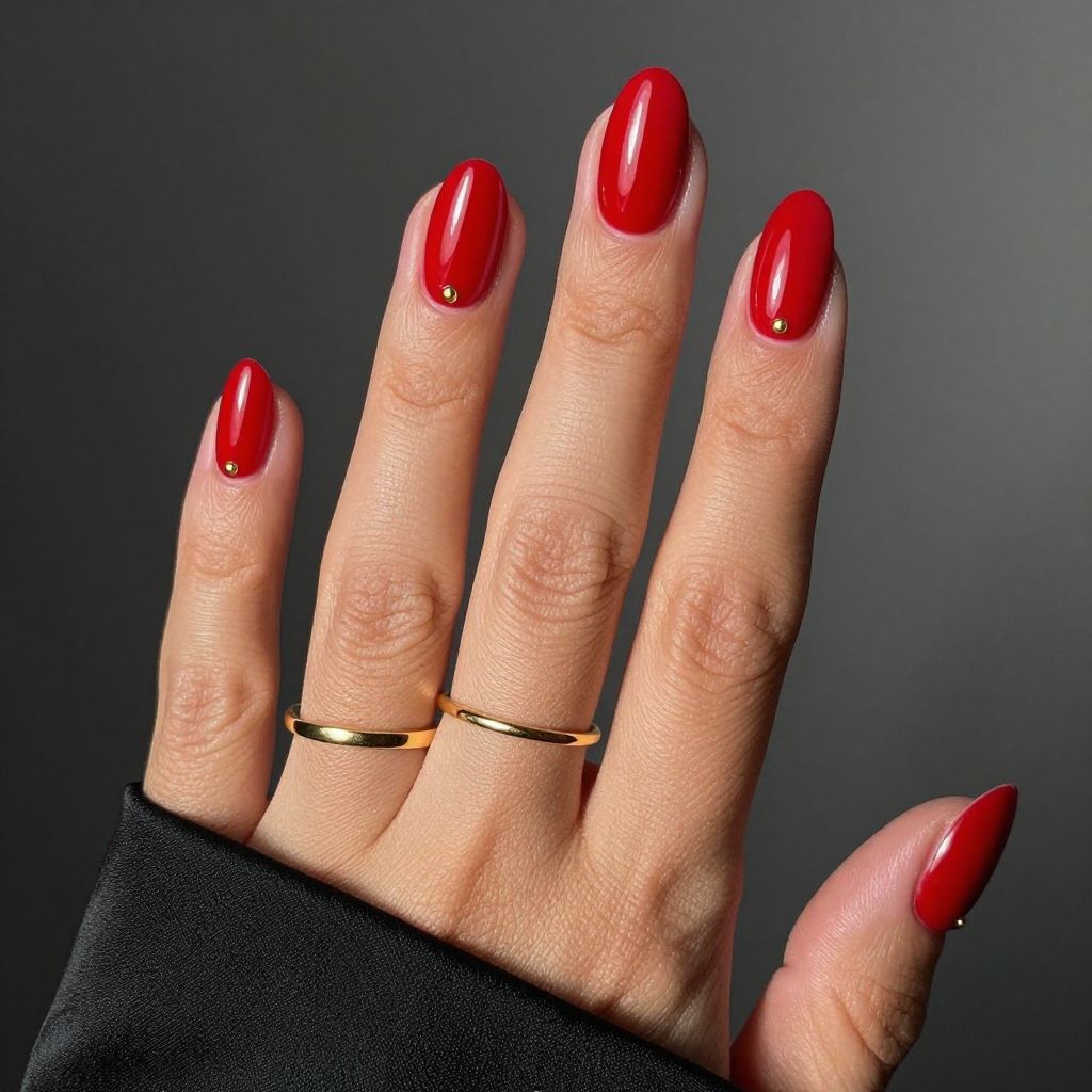 Cherry red coffin long nails with gold studs