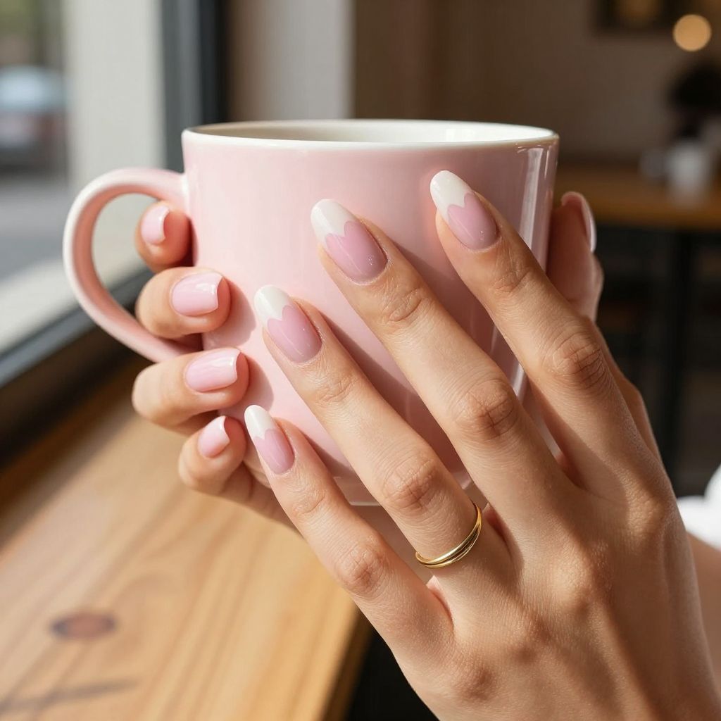 Oval long nails with pink negative space heart design