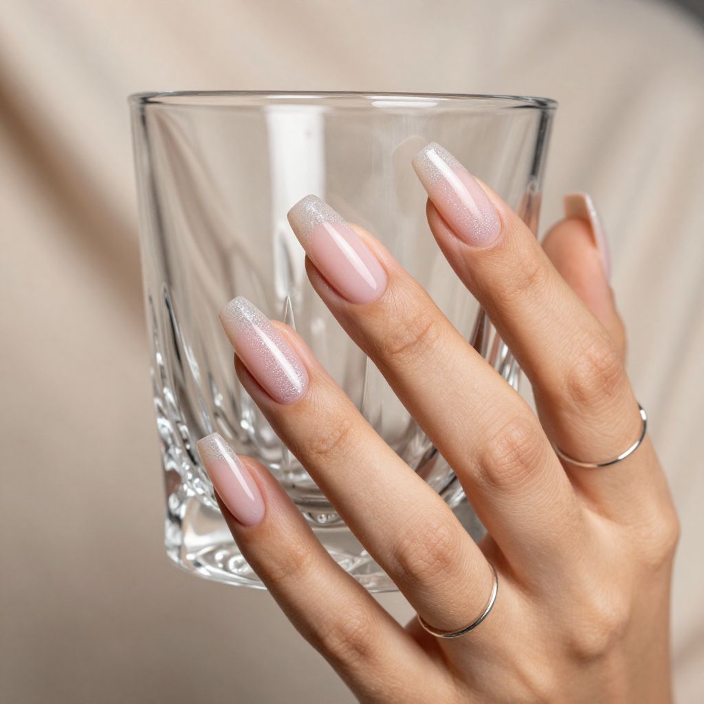 Coffin long nails with silver glitter fade tips