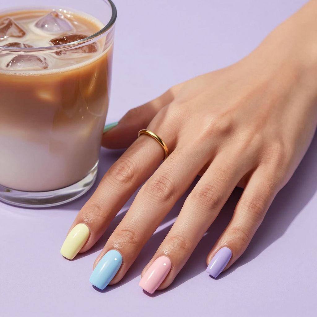 Long square nails painted in mixed pastel colors
