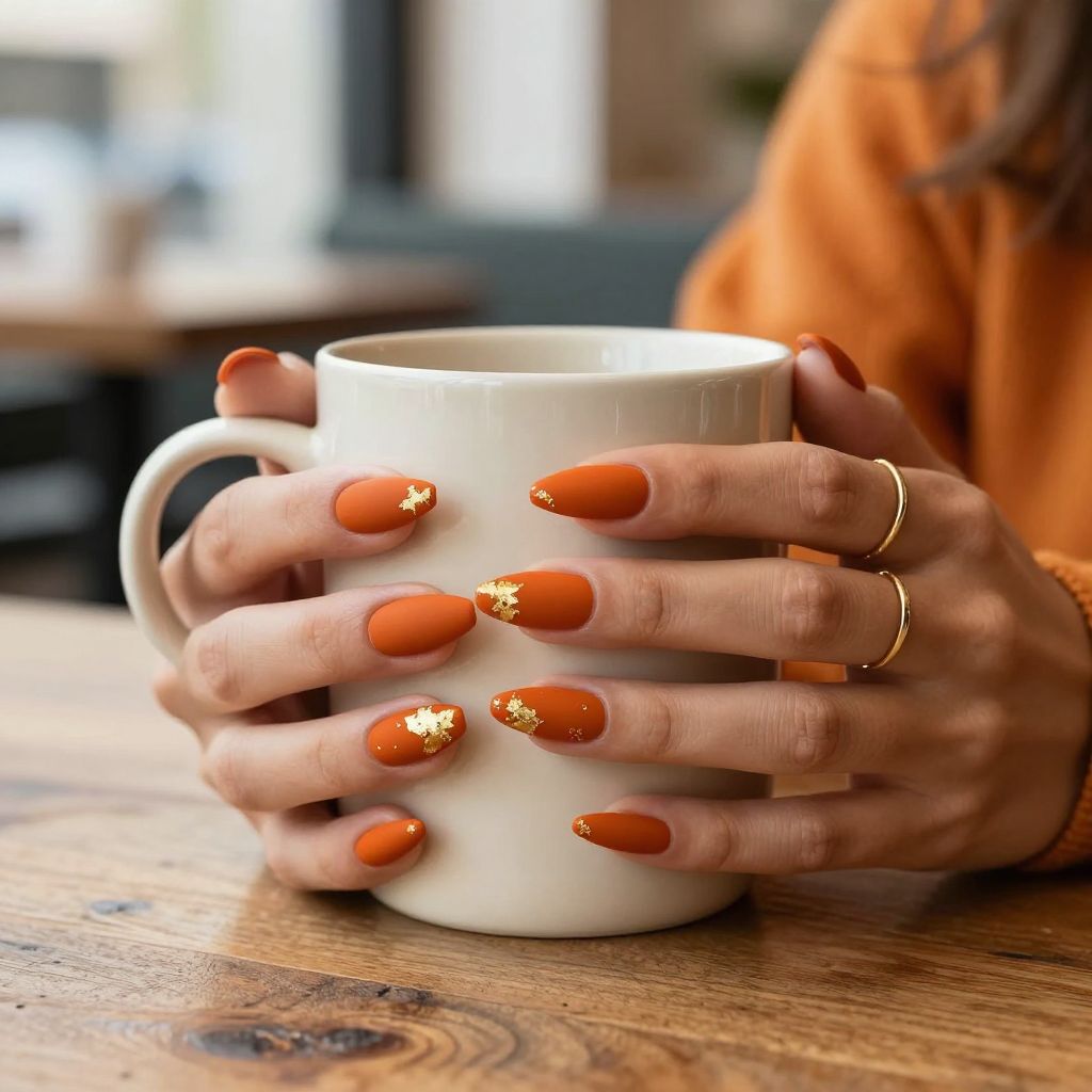 Long stiletto nails in burnt orange matte with gold foil