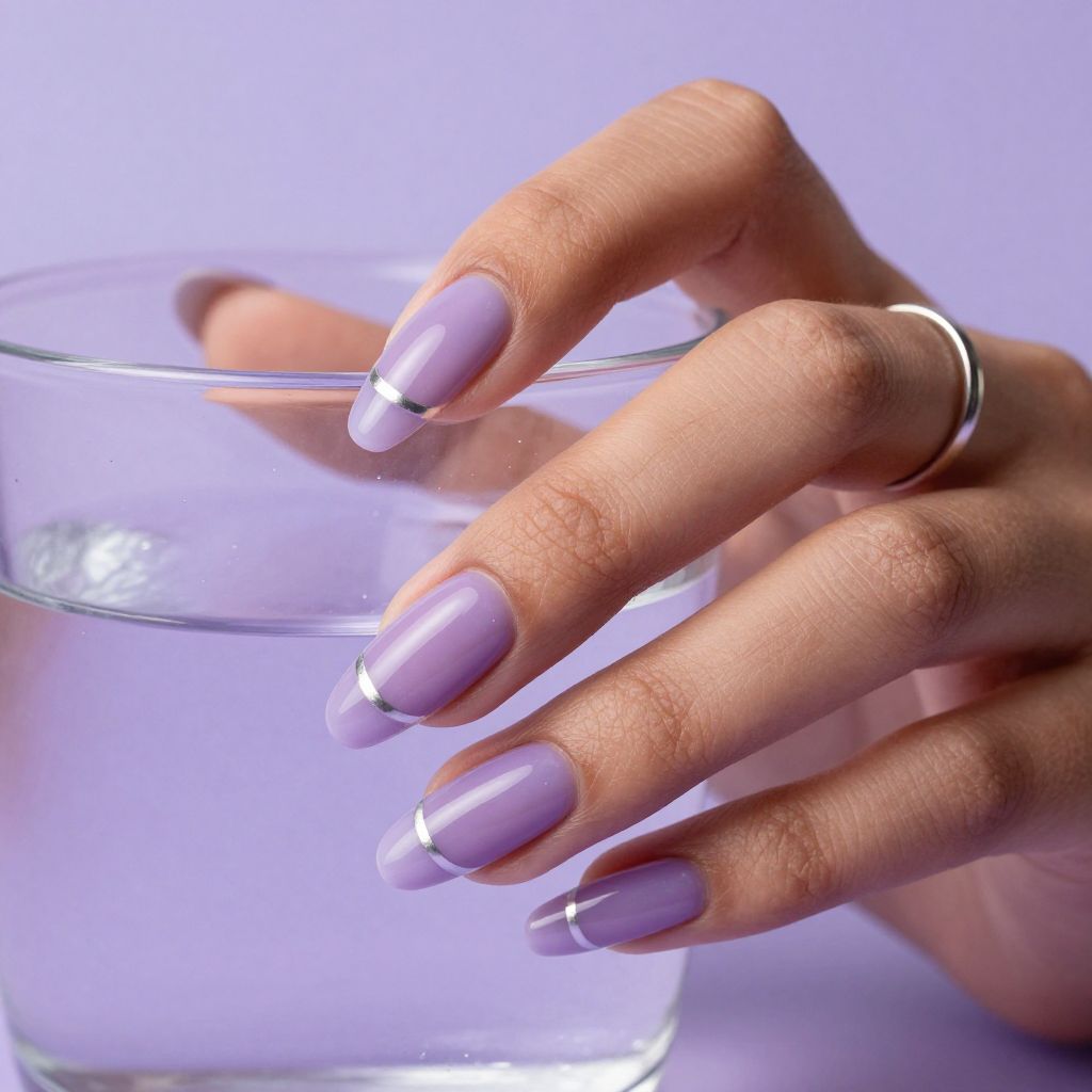 Squoval long nails in jelly grape purple with silver stripe