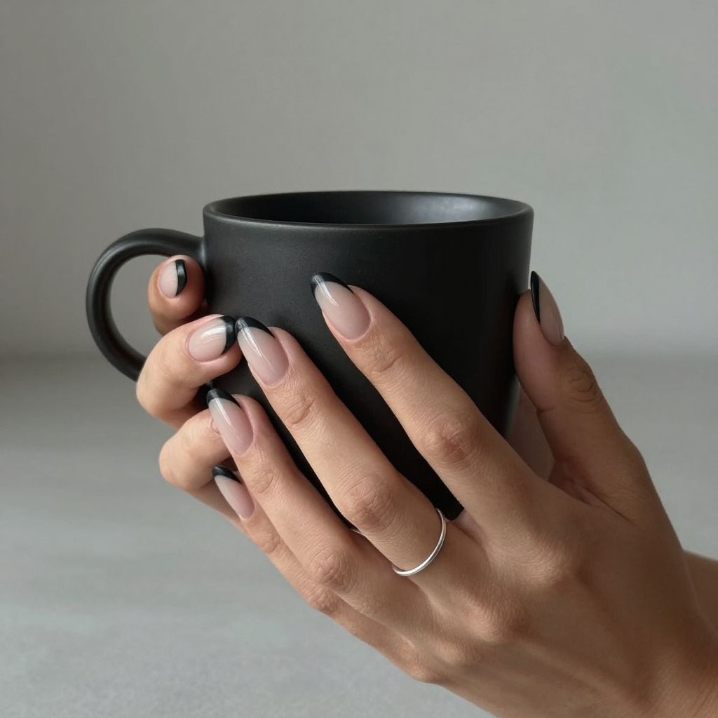Almond long nails with matte black reverse French moon