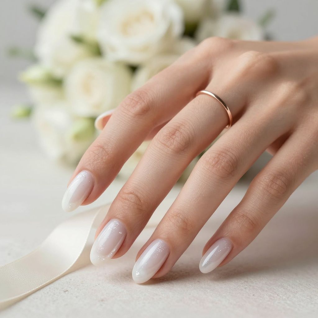 Milky white almond long nails with pearl sheen