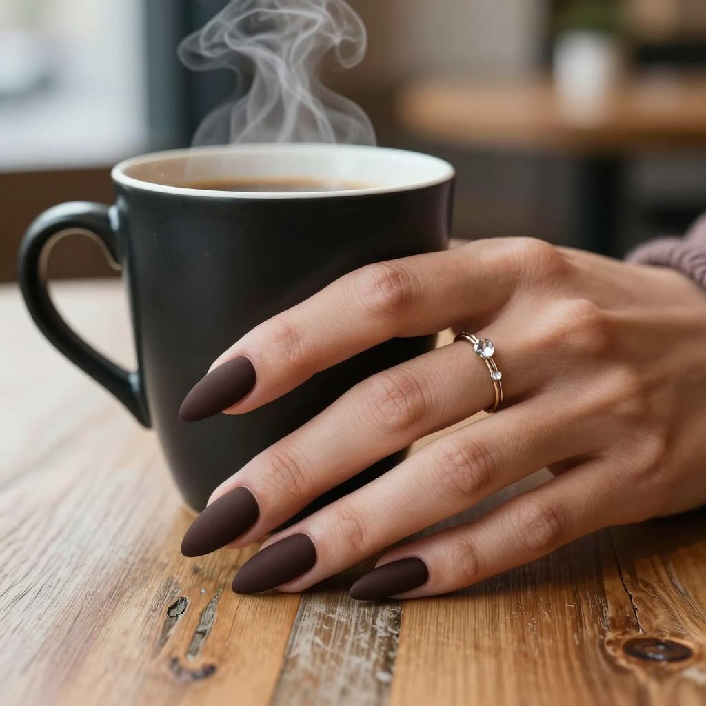 Matte chocolate stiletto long nails with crystal accent