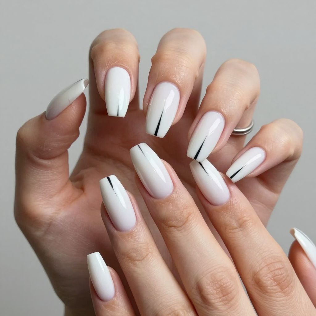 White coffin long nails with black vertical lines