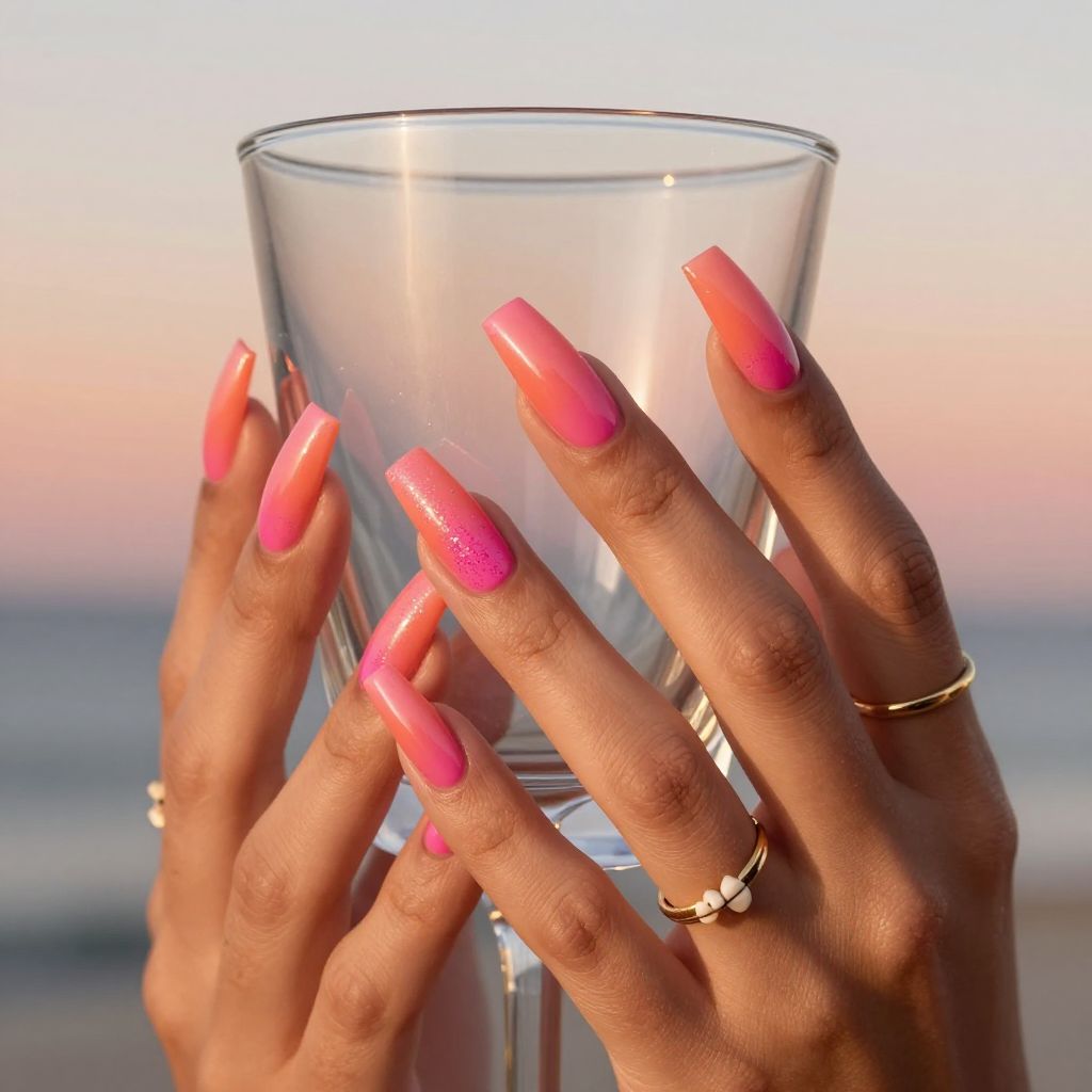 Square long nails with coral to hot pink gradient