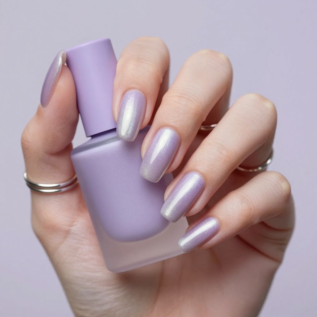 Long ballerina nails in soft lavender chrome finish