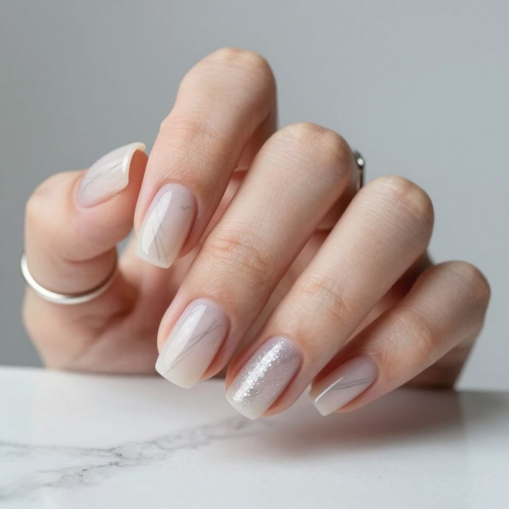 Soft White Marble on Short Square Nails