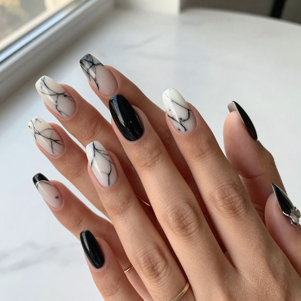 Black and White Marble Coffin Nails