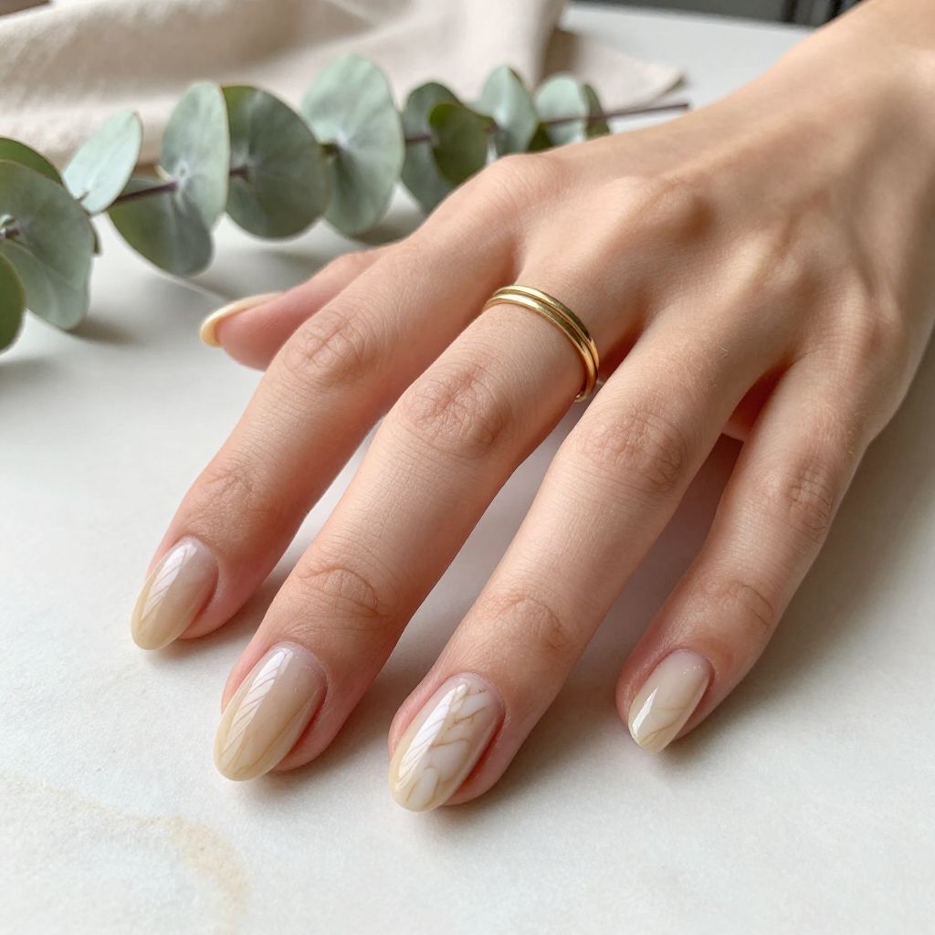 Beige Marble on Oval Nails