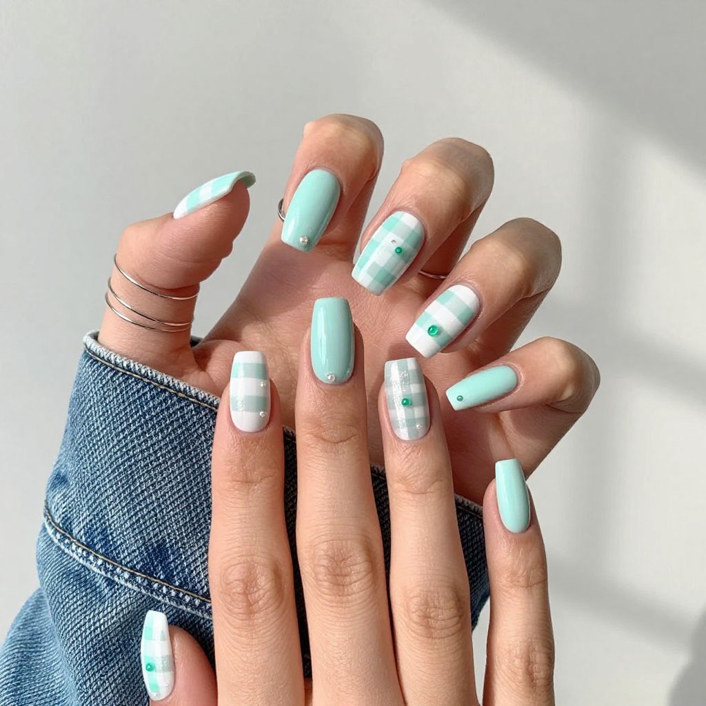 Mint Checkerboard Pop nails