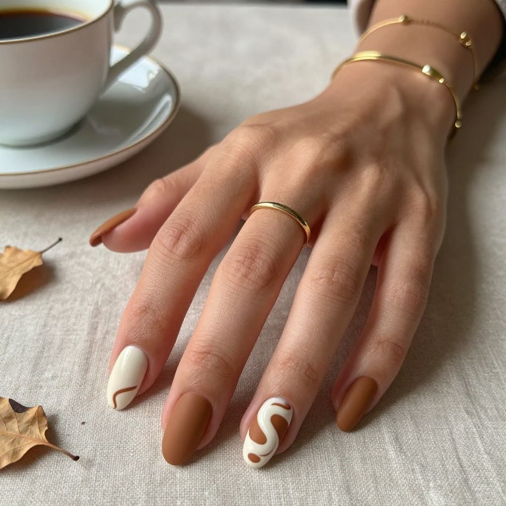 Matte Caramel Swirl Coffin Nails