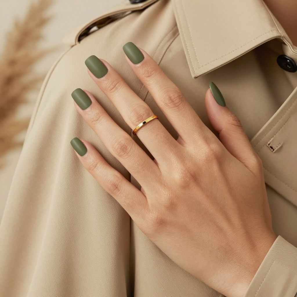 Olive matte nails with gold foil accent