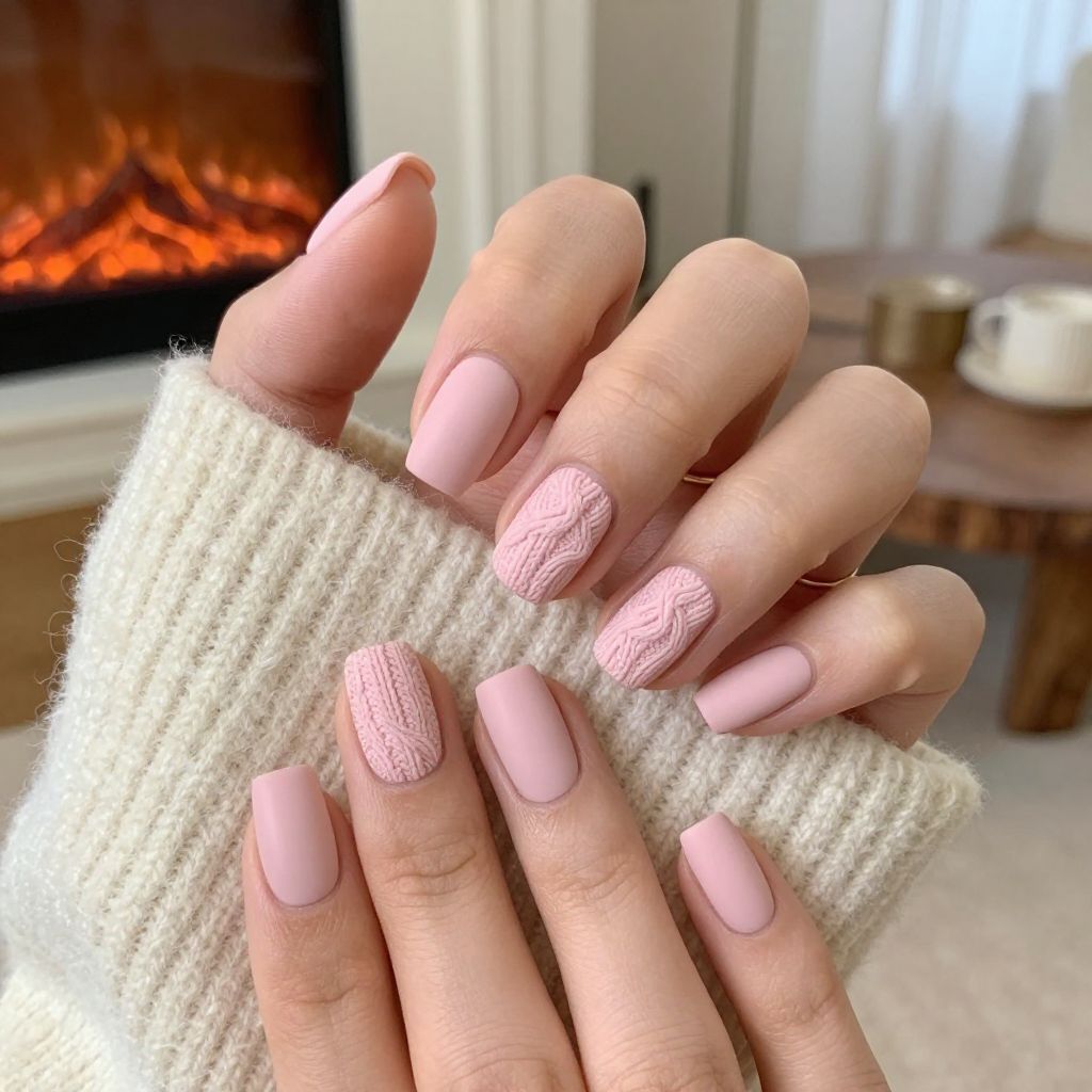 Blush matte nails with sweater texture
