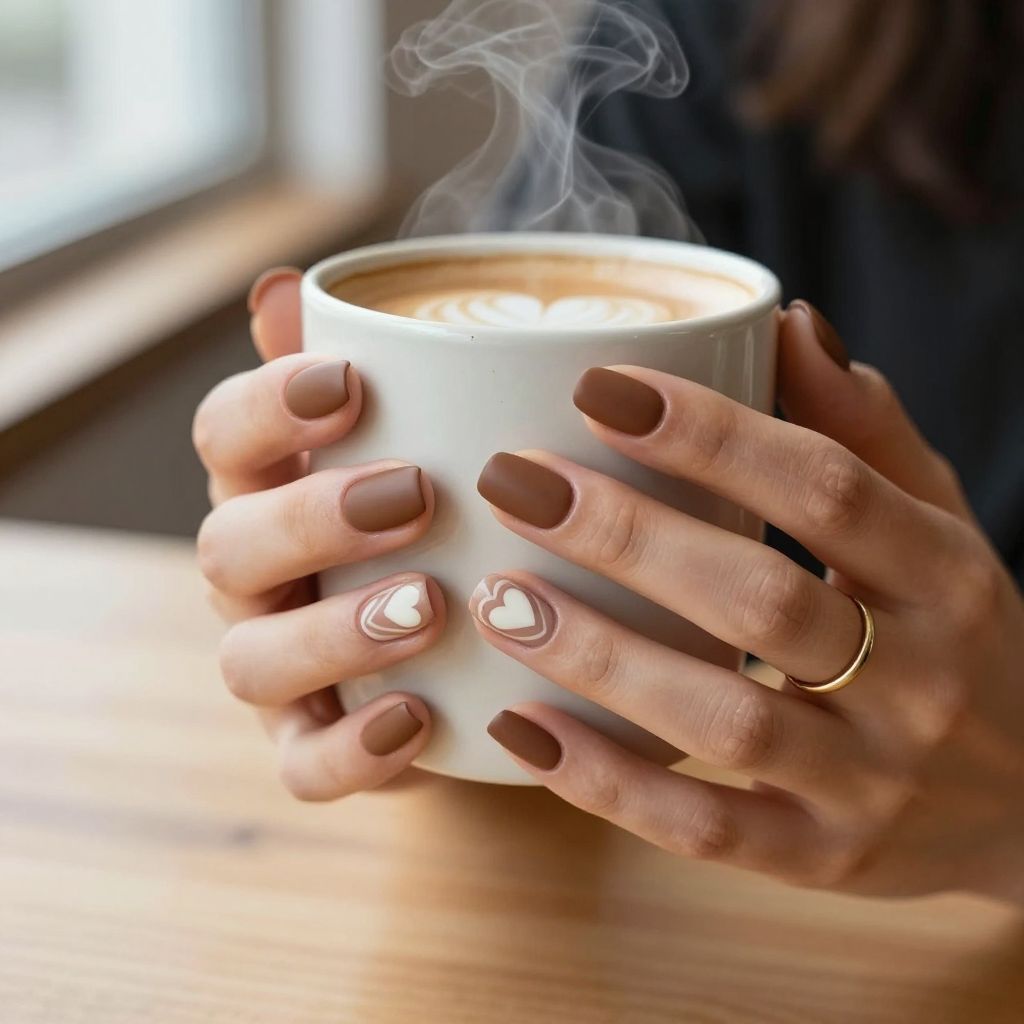 Matte brown nails with ivory swirl art