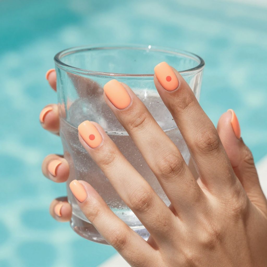Bright peach matte nails with coral dots