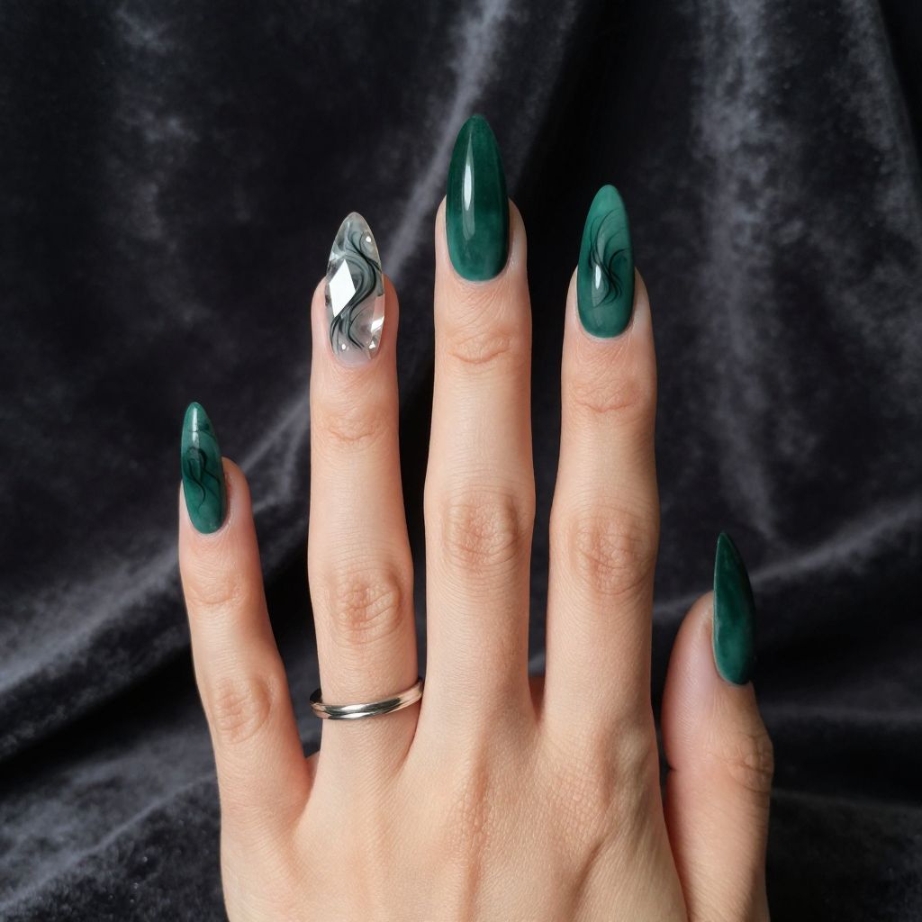 Emerald matte nails with smoke swirl design