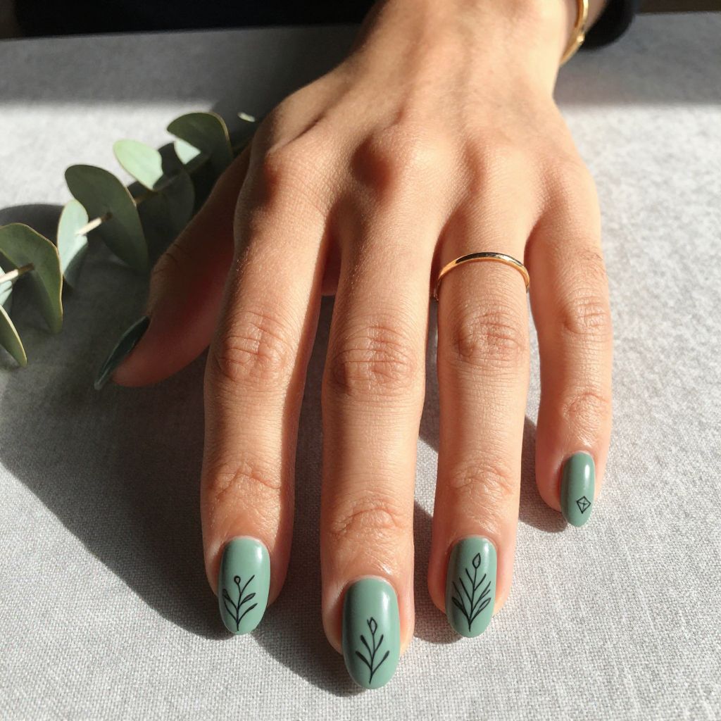 Sage Green Manicure with Minimal Line Art