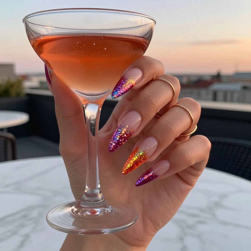 Sunset Glitter Fade May nail idea