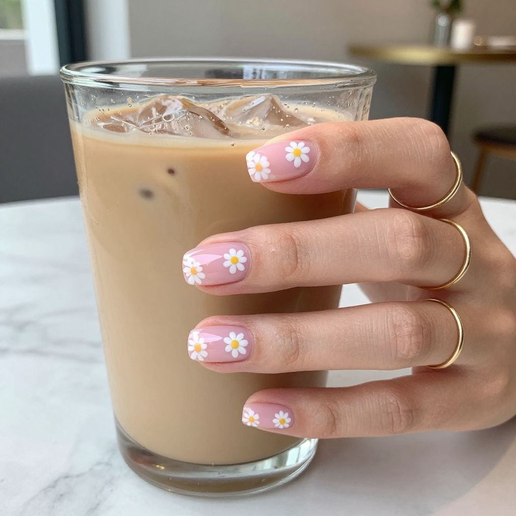 Daisies on Sheer Pink May nail idea