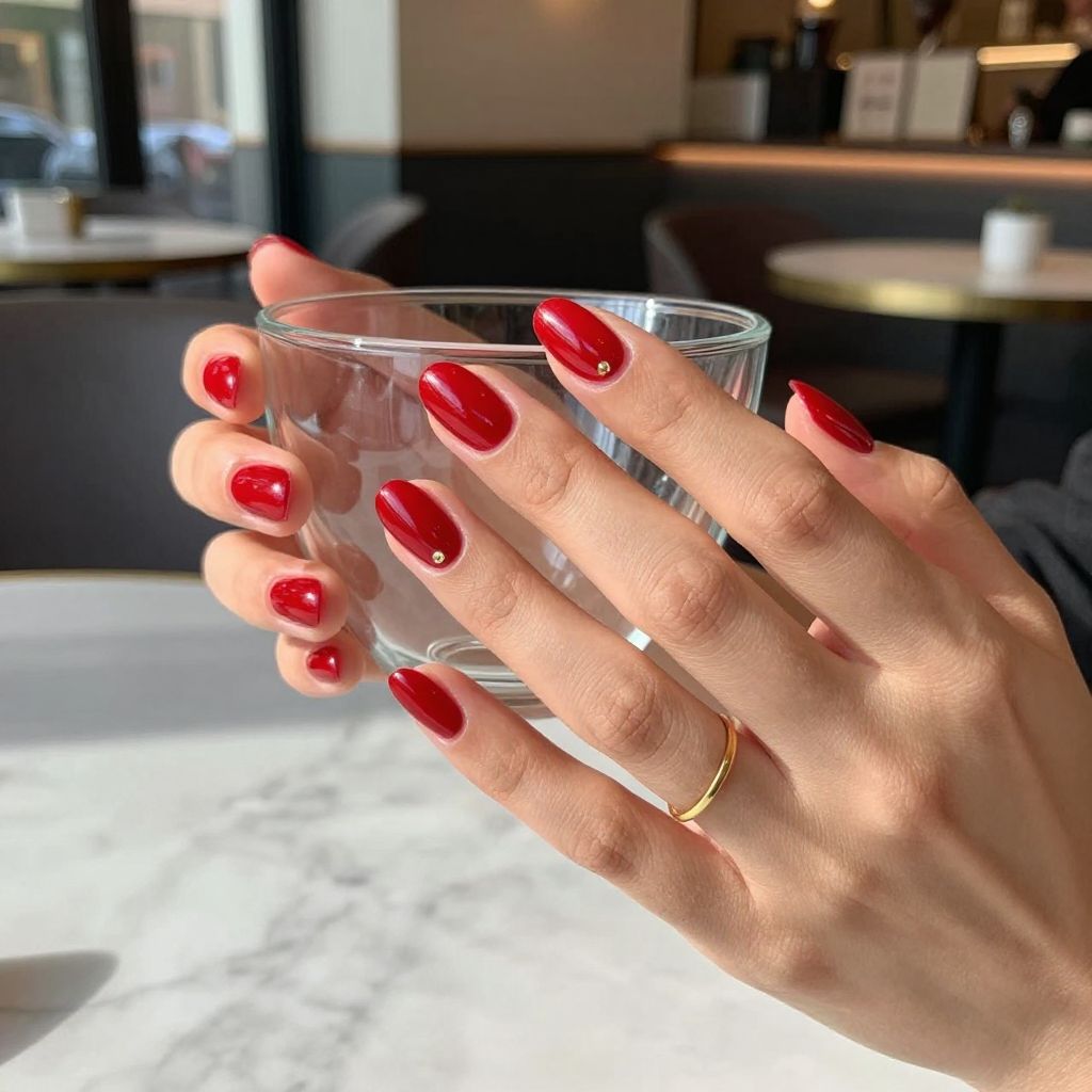 Glossy cherry red oval medium nails