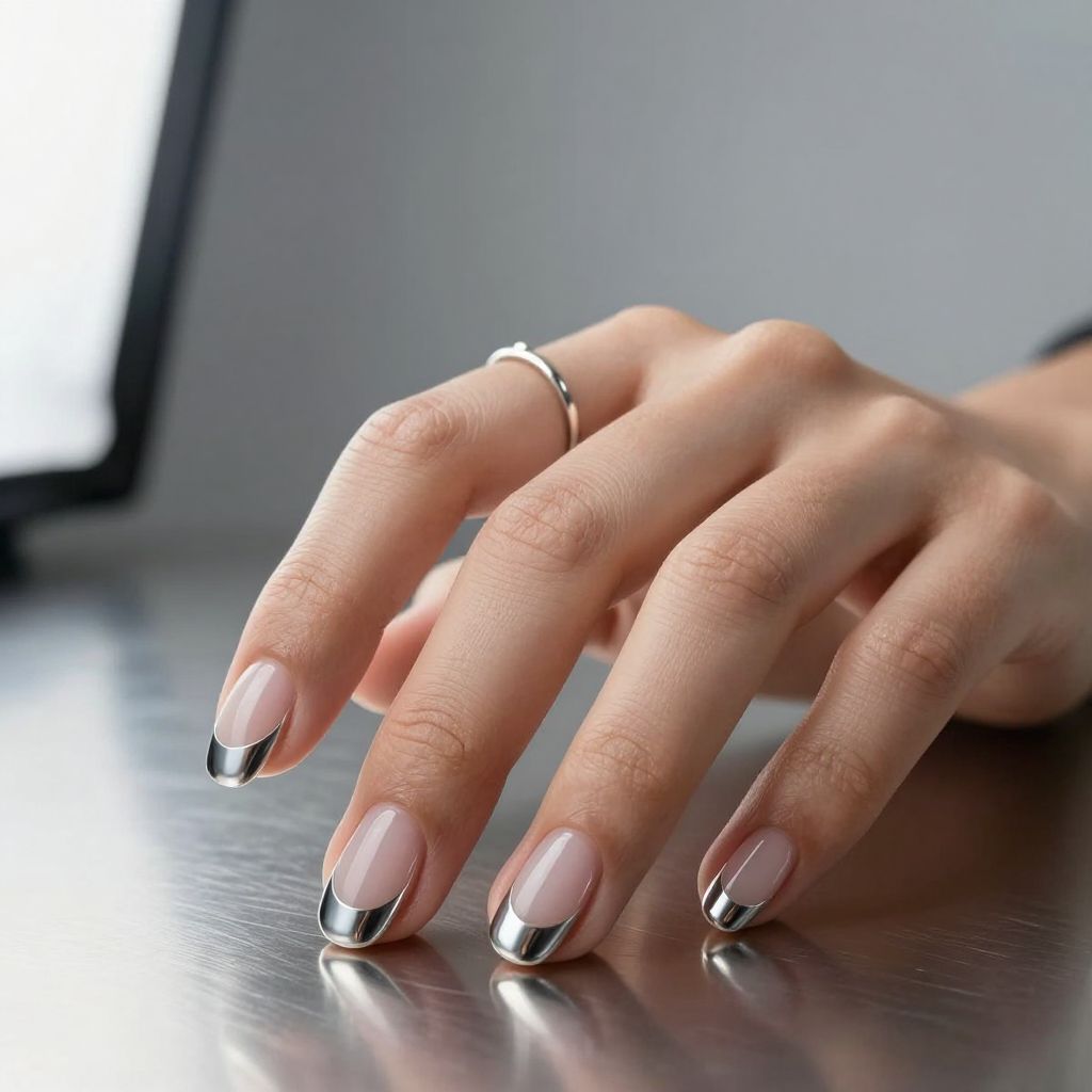 Clear base medium nails with chrome half moon