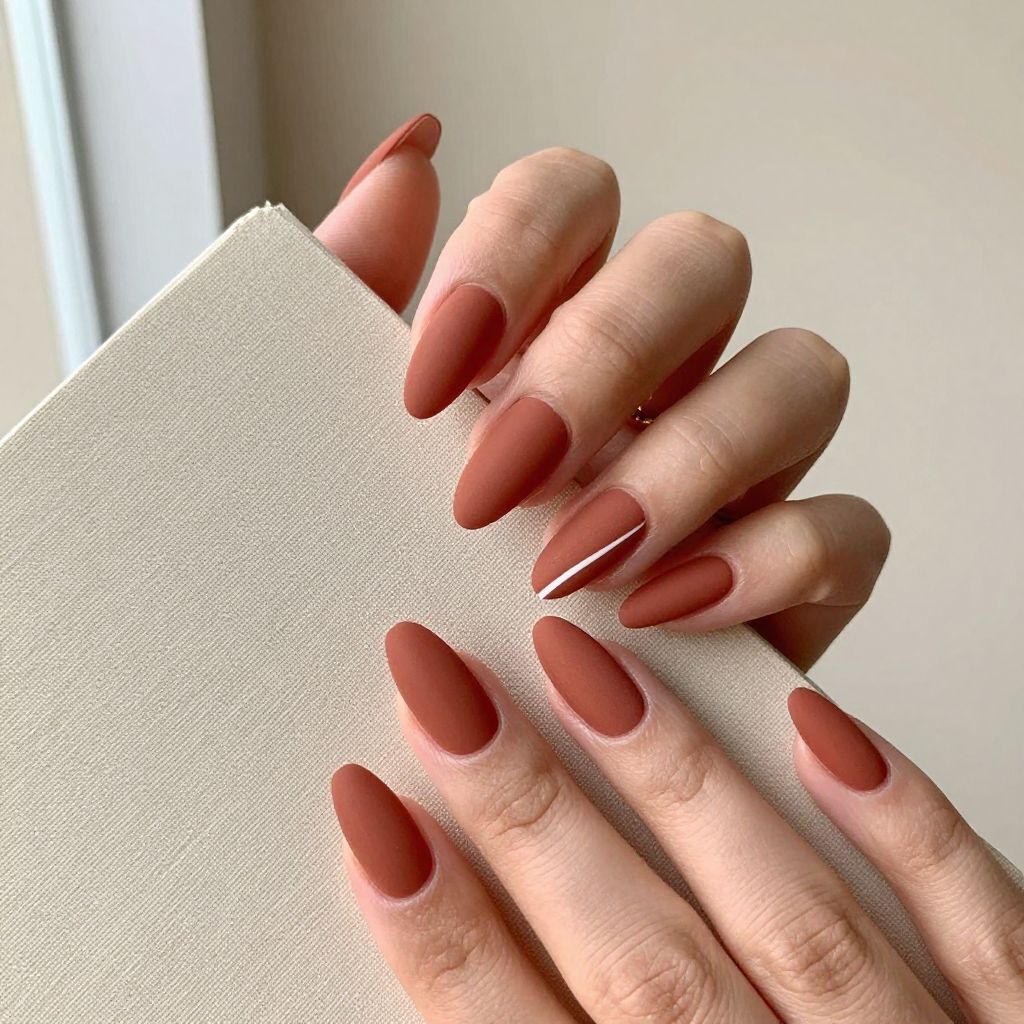 Terracotta matte medium nails with white graphic line