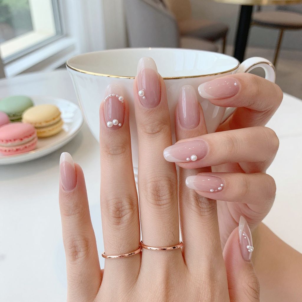 Milky sheer pink medium nails with tiny pearls