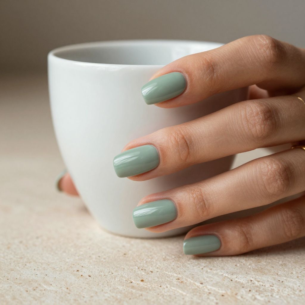 Matte sage medium nails with glossy tip line