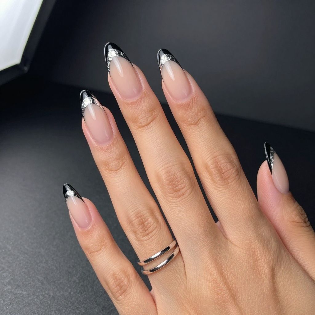 Black French medium nails with silver foil edge
