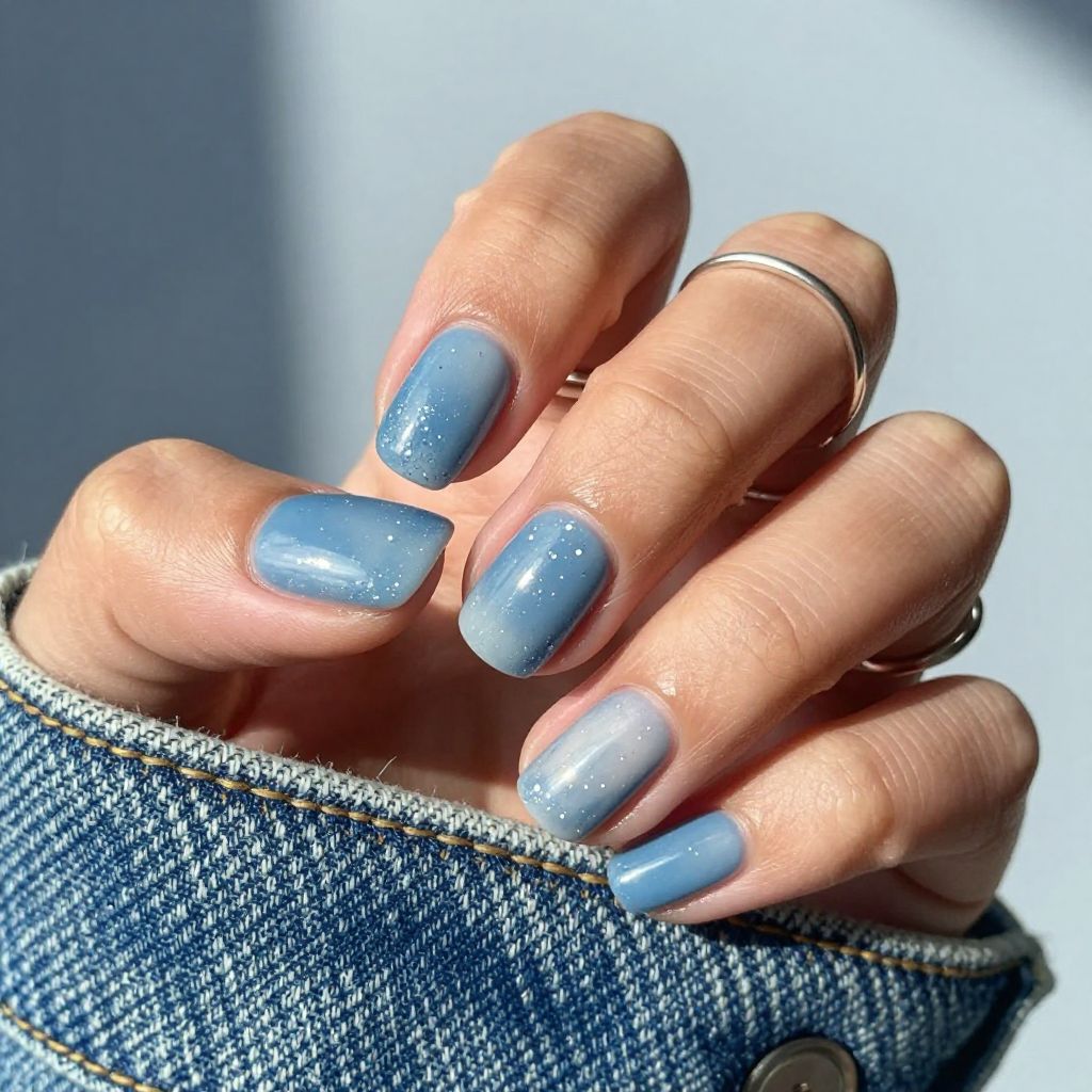 Denim blue medium nails with white speckle