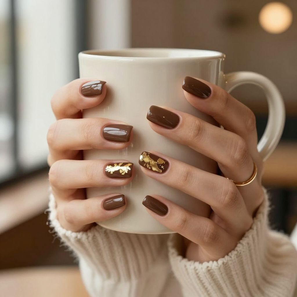 Chocolate brown medium nails with gold leaf accent