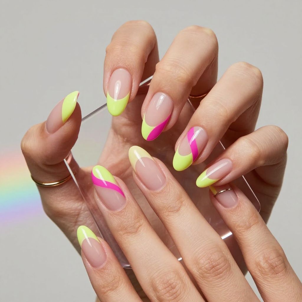 Clear jelly medium nails with neon swirls