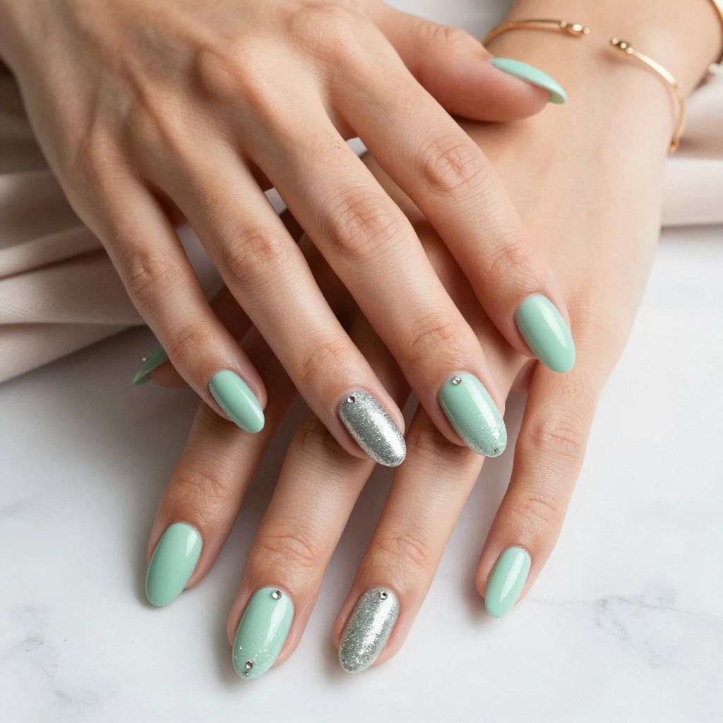 Mint Glitter Gradient Nails