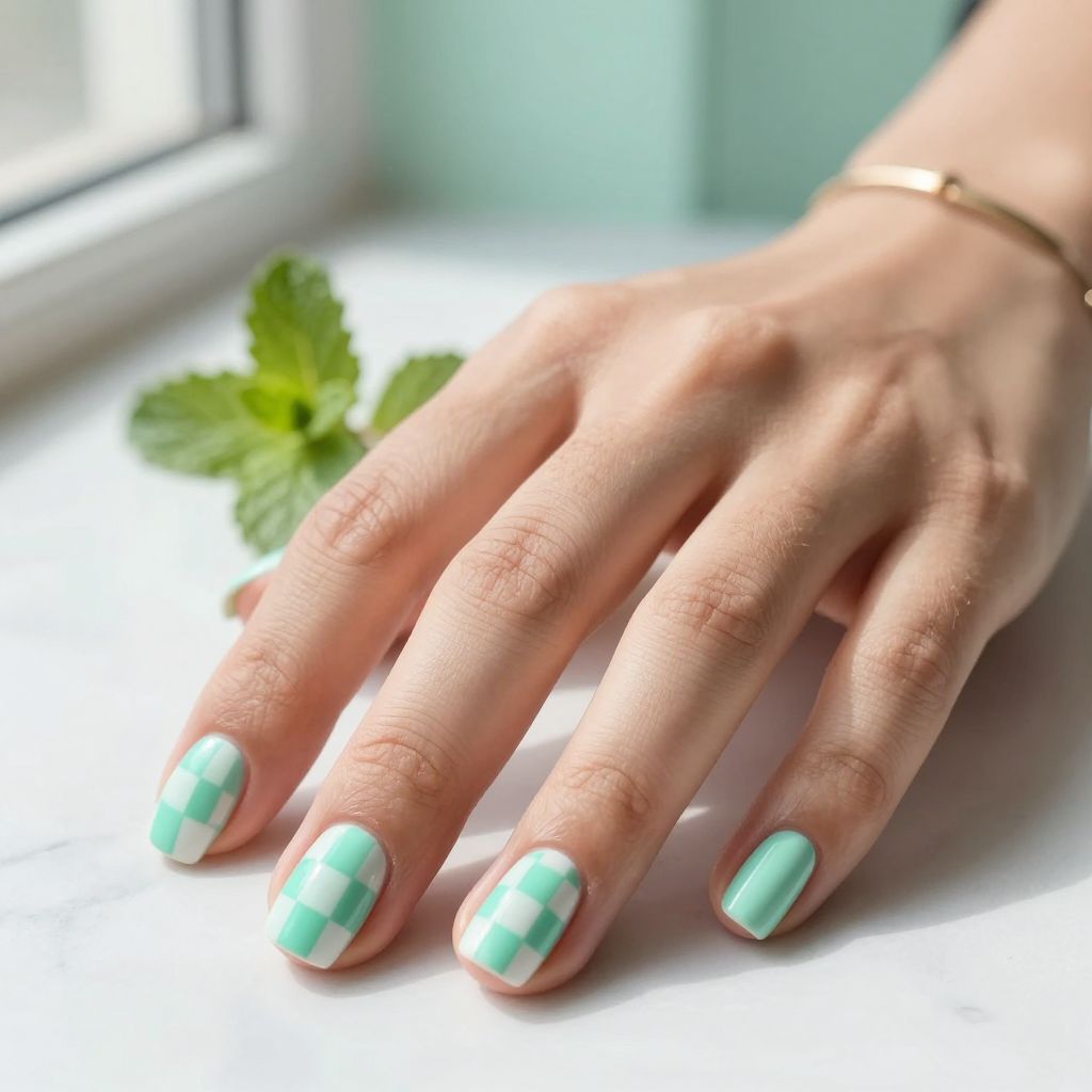 Mint and White Checker Nails